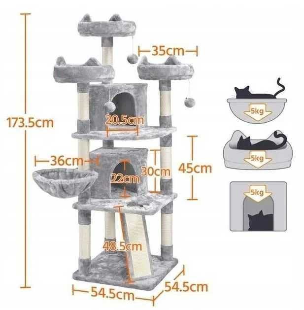 2Y3 drapak dla kota z platformą wieża domek drzewko 174cm jasny szary