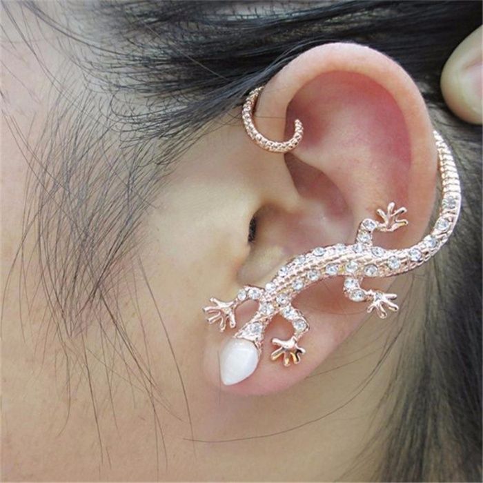 Элегантный кафф клипс на ухо Ящерица кристаллы серьга Earcuff Клип каф