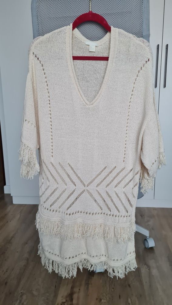 Tunika, sukienka H&M boho ecru frędzle jak nowa, r. M