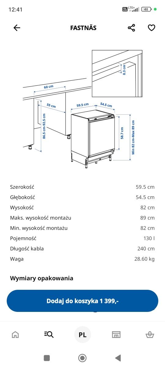 Lodówka podblatowa pod zabudowę