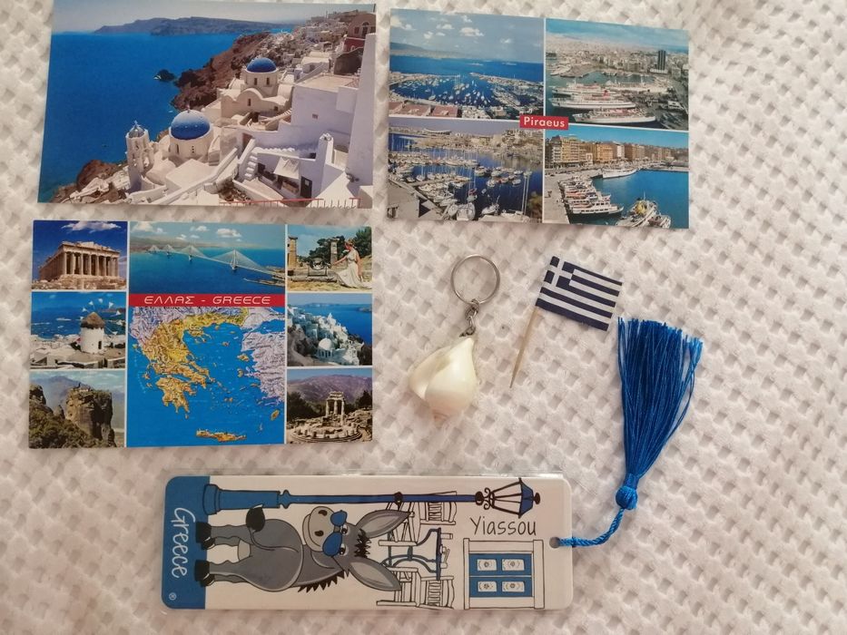 Grecja pocztówki, brelok, zakładka do książki, flaga, pamiątki