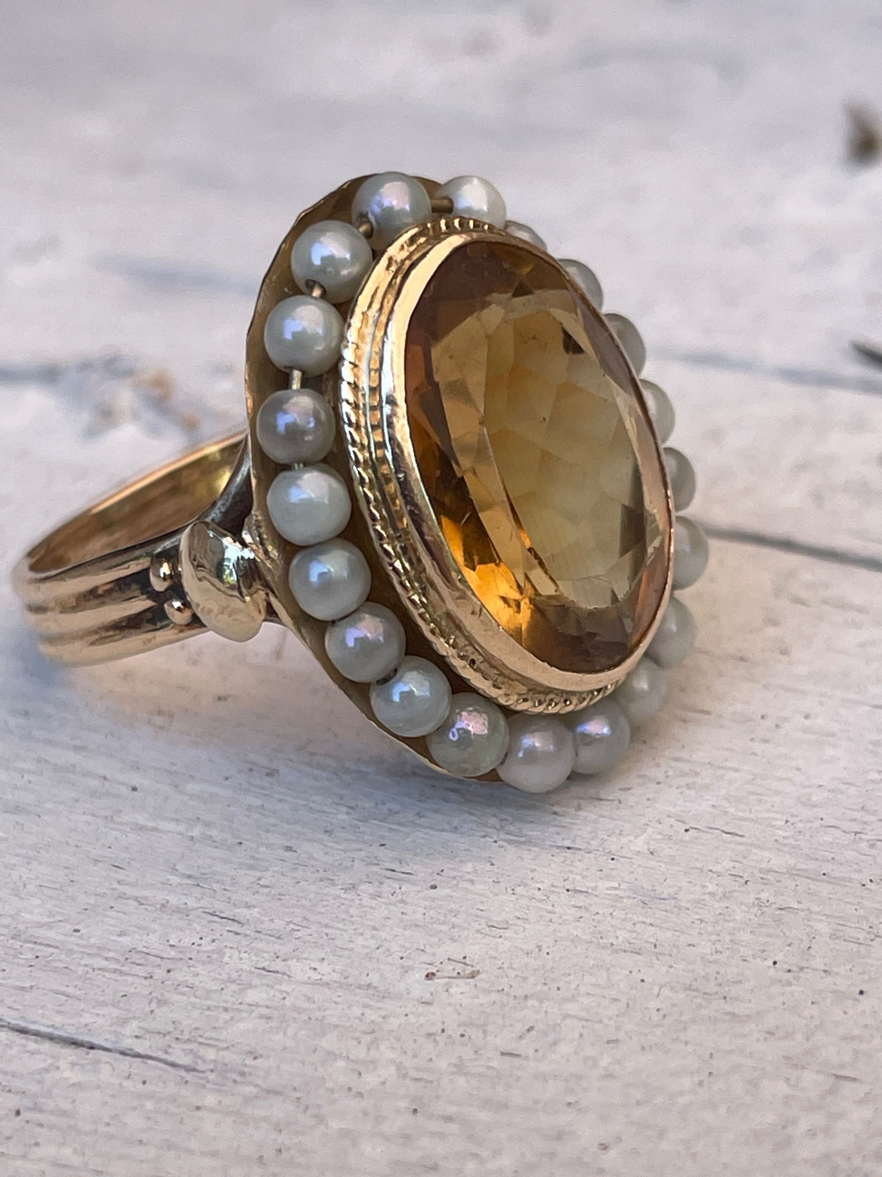 Złoty pierścionek z cytrynem i perłami złoto 14k