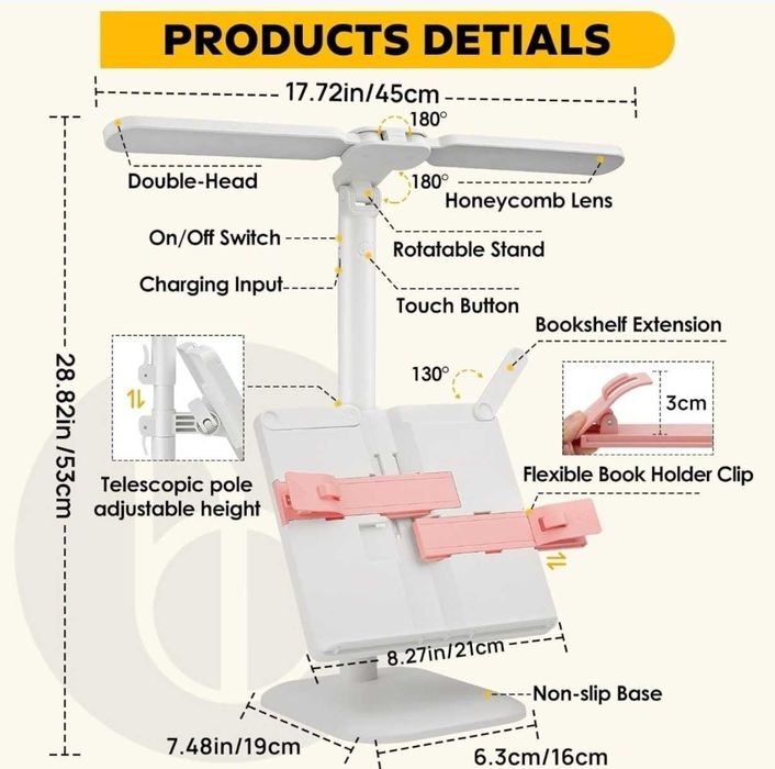 Lampa biurkowa BIBURY 2IN1 z regulowaną podstawką na książki