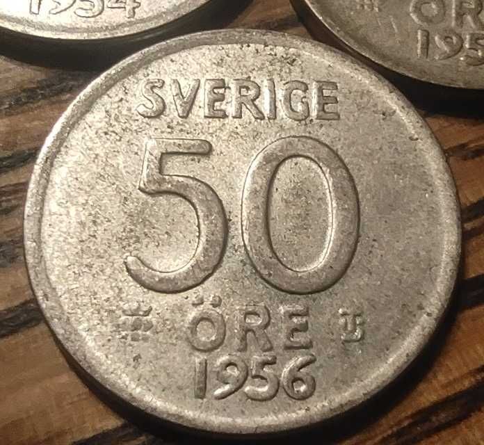 Monety srebrne zestaw 3 sztuk Szwecja 50 ore z lat 1954 - 56 srebro Ag