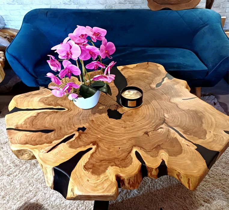 Stolik kawowy 110x100cm PIĘKNY OKAZ LIVE EDGE plaster drewna loft