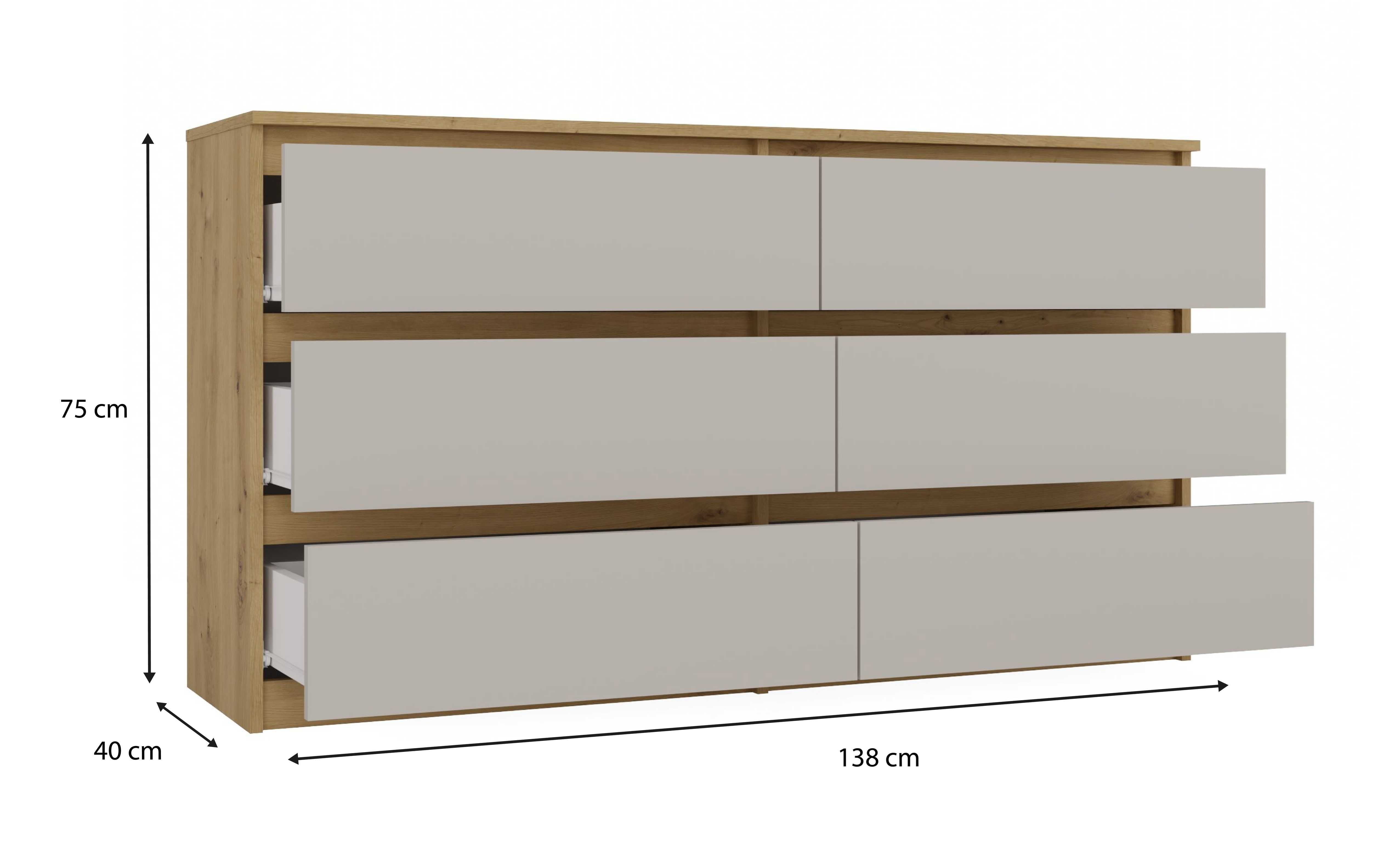 Duża Komoda Malwa Szafka M6 140 cm 6 Szuflad Dąb Artisan / Kaszmir