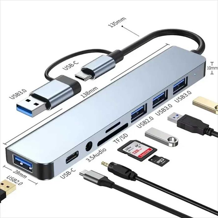 Адаптер-Хаб 8 в 1 USB Type-C, Hub, кардрідер, перехідник, розгалужувач