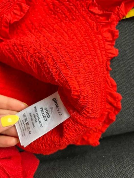 Długa bluzka czerwona na długi rękaw marszczone szerokie rękawy l 40