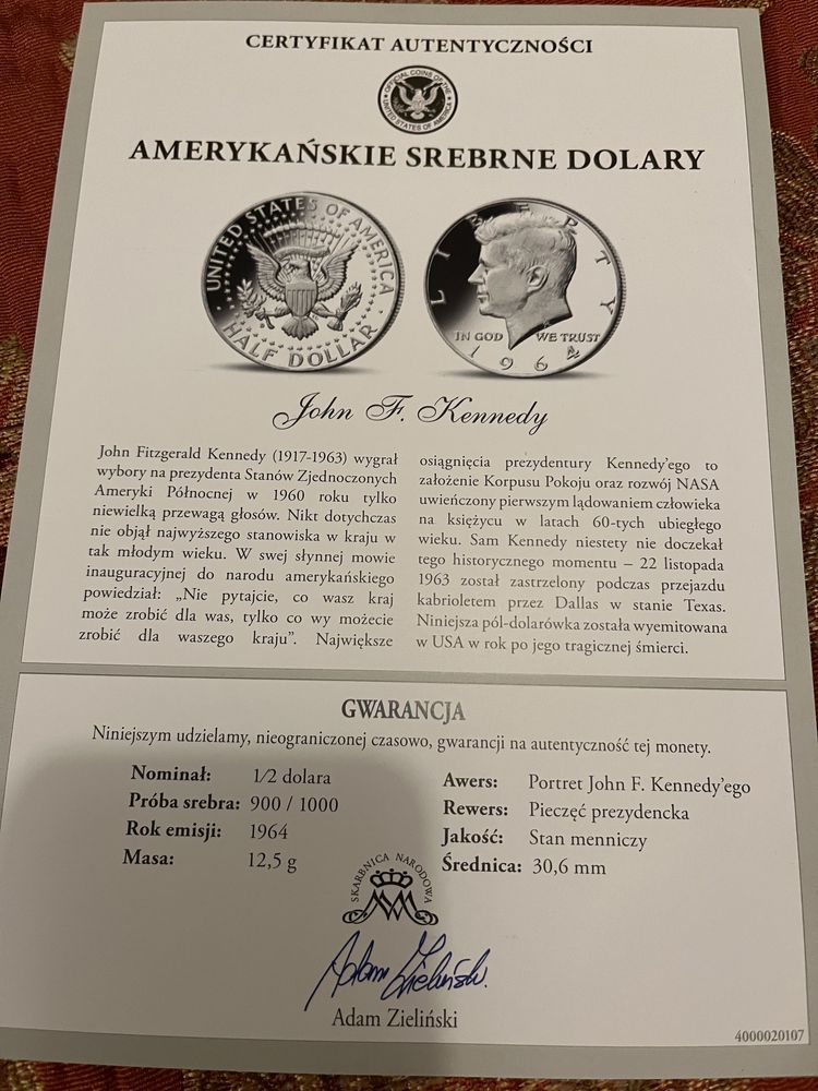 Srebrny numizmat John F Kennedy