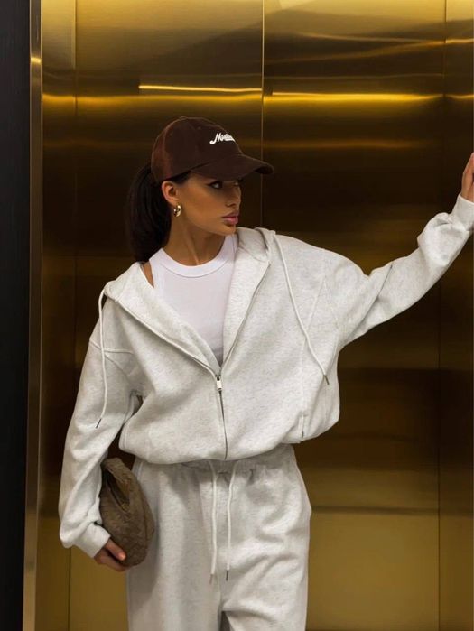 Женский костюм с начесом кофта с капюшоном и штаны прямые Серый меланж