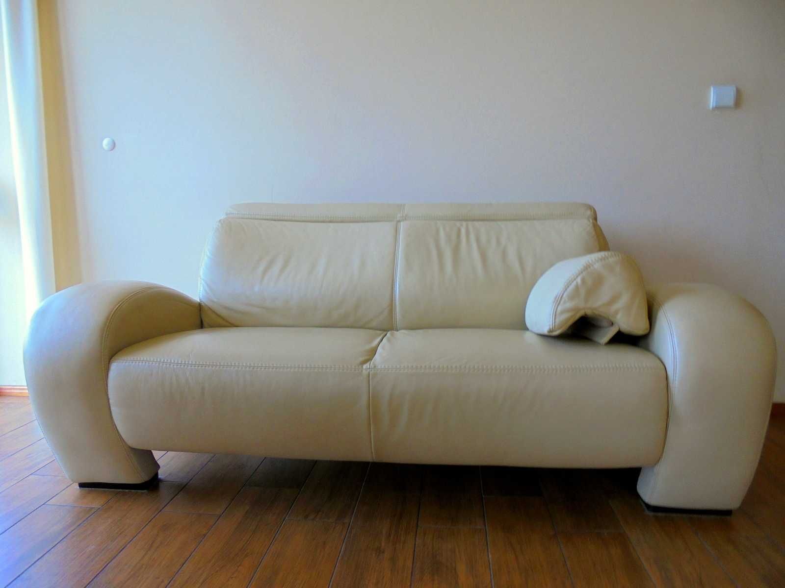 Sofa skórzana ETAP Rosso z zagłówkiem, skóra naturalna w kolorze ecru