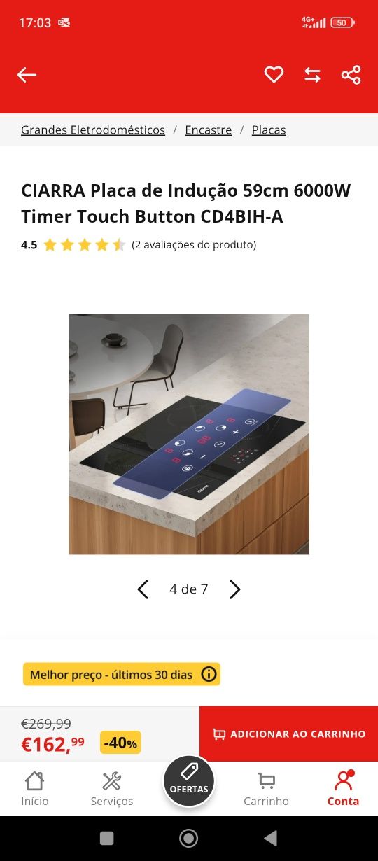 CIARRA Placa de Indução 59cm 6000W Timer Touch Button CD4BIH-A