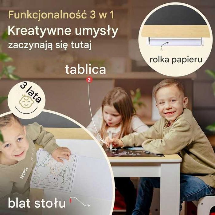 Zestaw mebli dla dzieci: stolik + 2 krzesła | Tablica + schowek