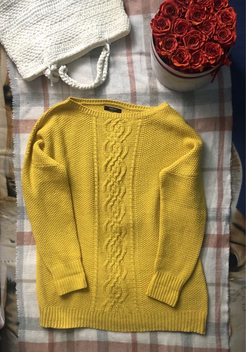 Ciepły żółty sweter damski z długim rękawem, strukturalny, roz L-2XL