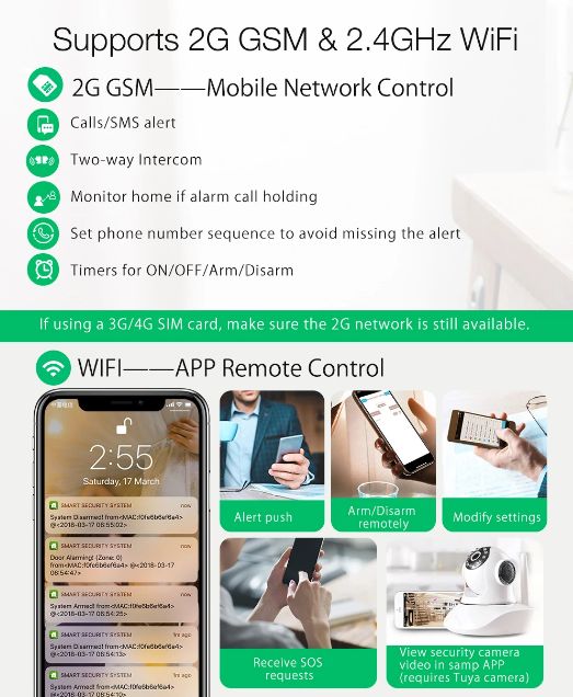 Sistema de Alarme sem fios WIFI GSM 2G c/app Android IOS TUYA