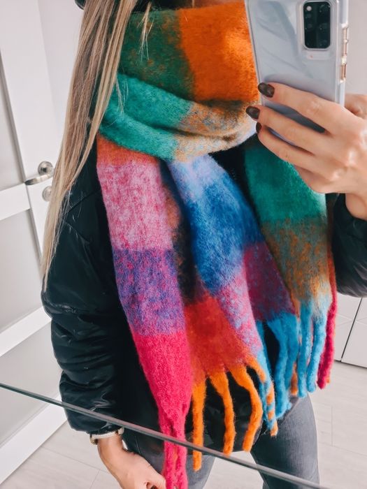 Piękny szal mega gruby miękki krata jesienny milutki zimowy kolorowy