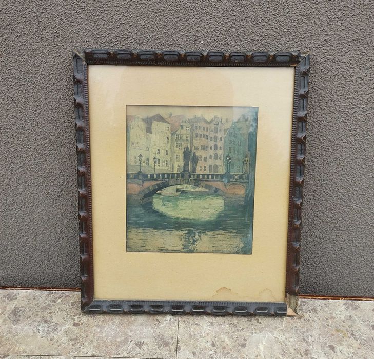 91 Stary przedwojenny obraz obrazek akwarela most Hamburg Trostbrücke