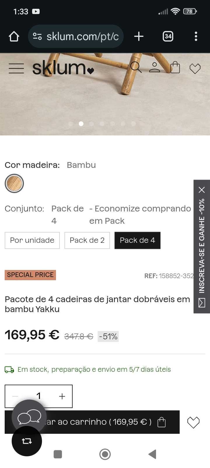 Mesa de jantar em bambu e 4 cadeiras (Sklum)