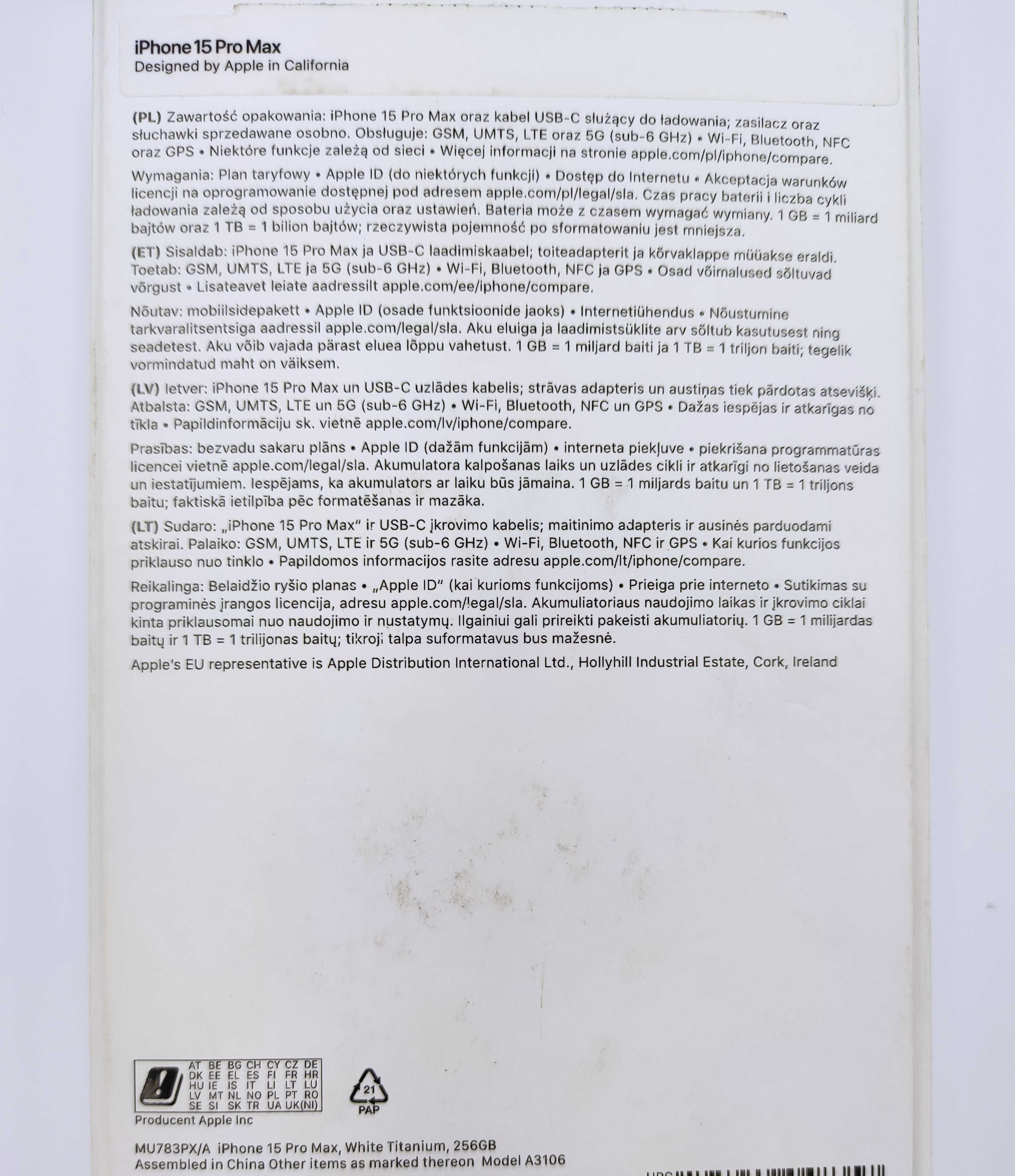 Apple iPhone 15 Pro Max 256GB / Biały / Stan bdb / Oryginalne pudełko