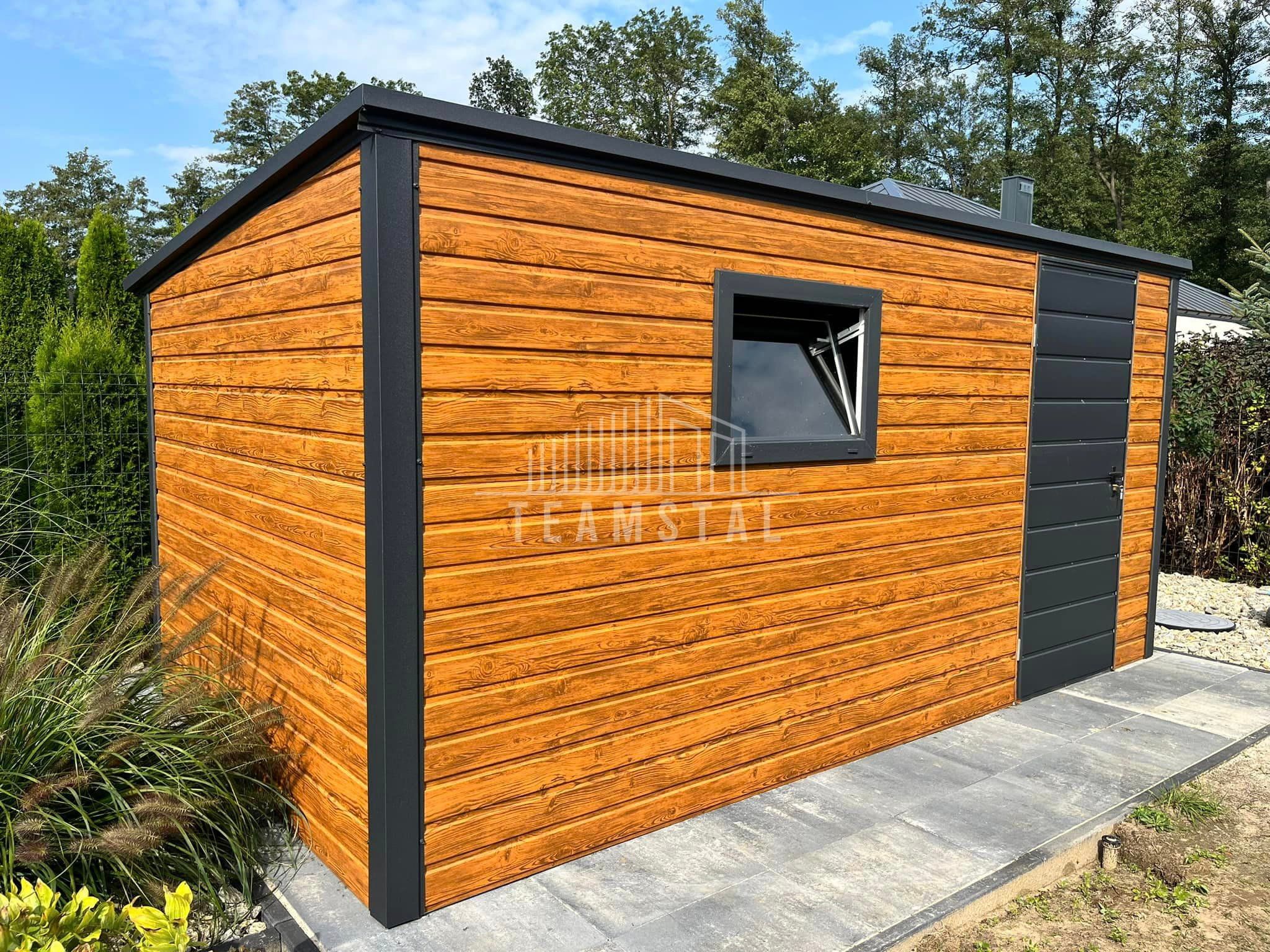 Schowek Domek Ogrodowy 4x2m drzwi + okno Drewnopodobny dach spad TS828