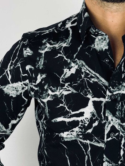 GIOVANNI PERA Koszula męska K015 Czarna/biała marmur