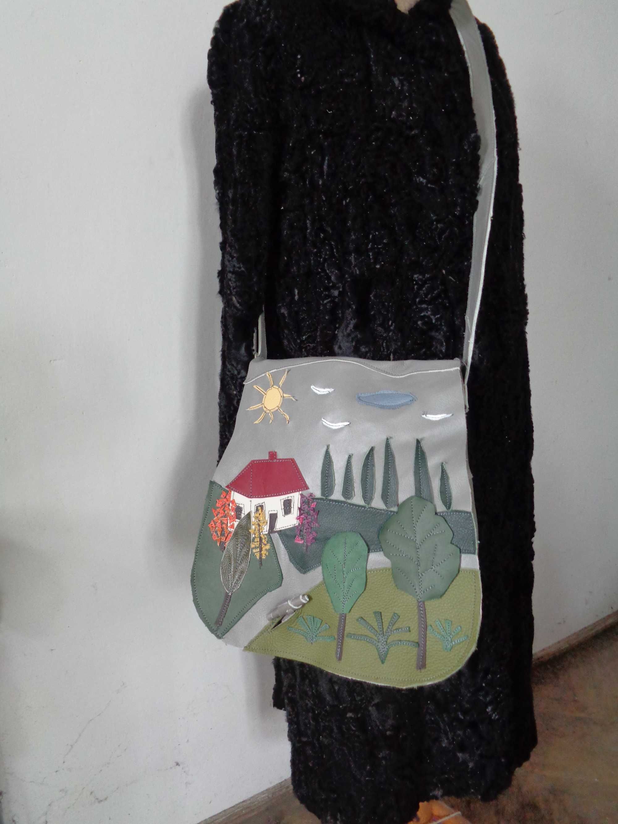 Artystyczna torba skórzana z sielskim widokiem. Handmade