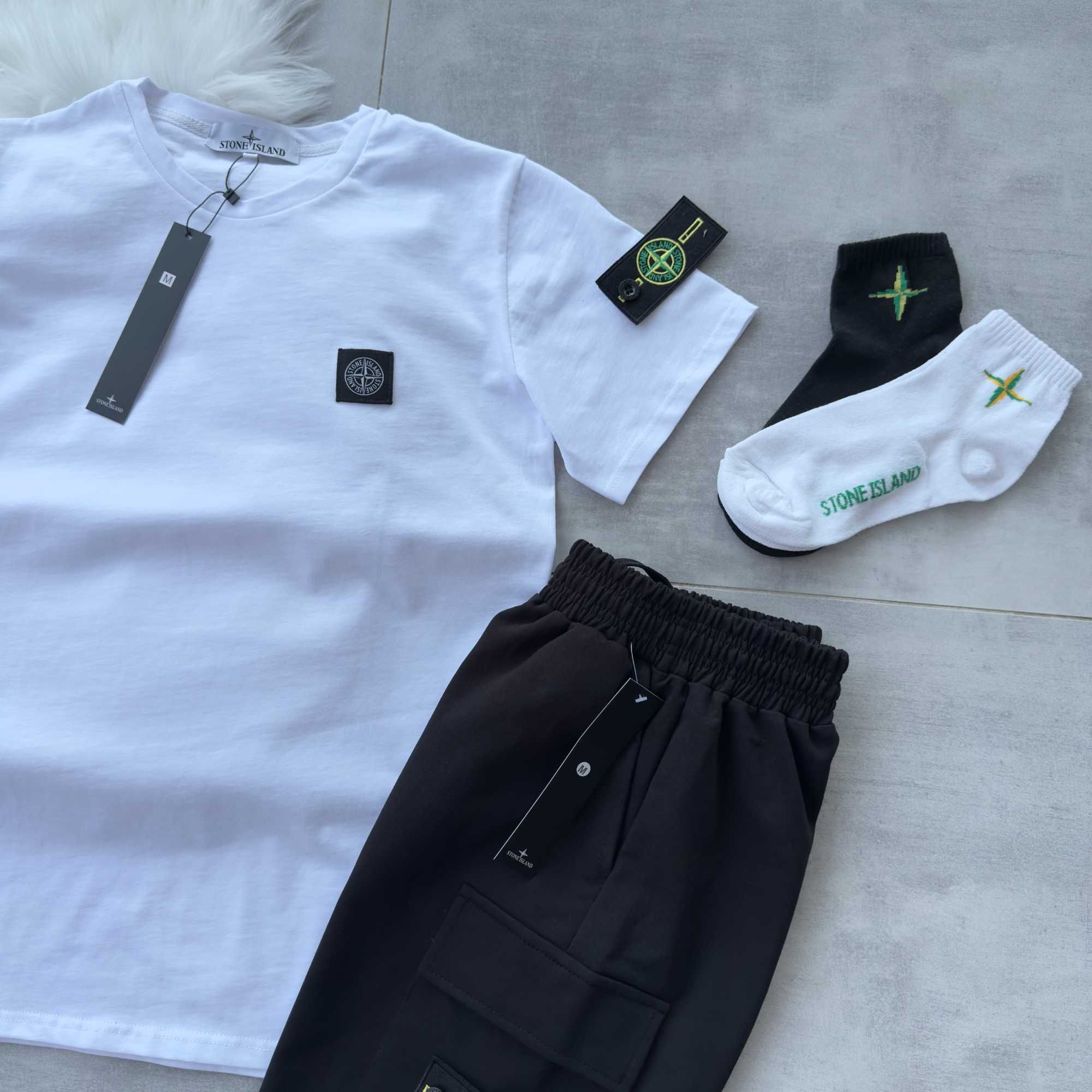 Літній костюм Stone Island | Біла футболка + чорні шорти | + Подарунок