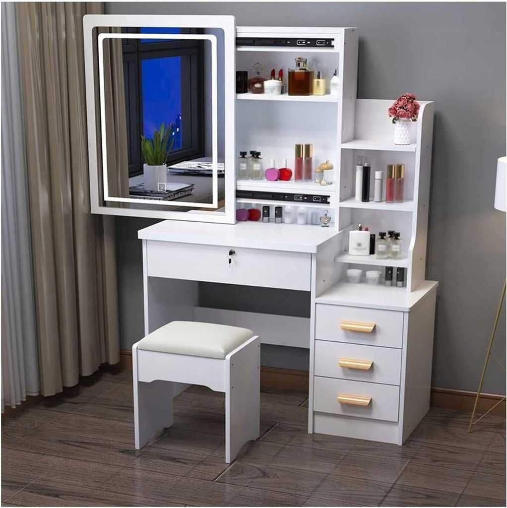 Toaletka do makijażu LED z lustrem + Taboret Kosmetyczka do Wizażu