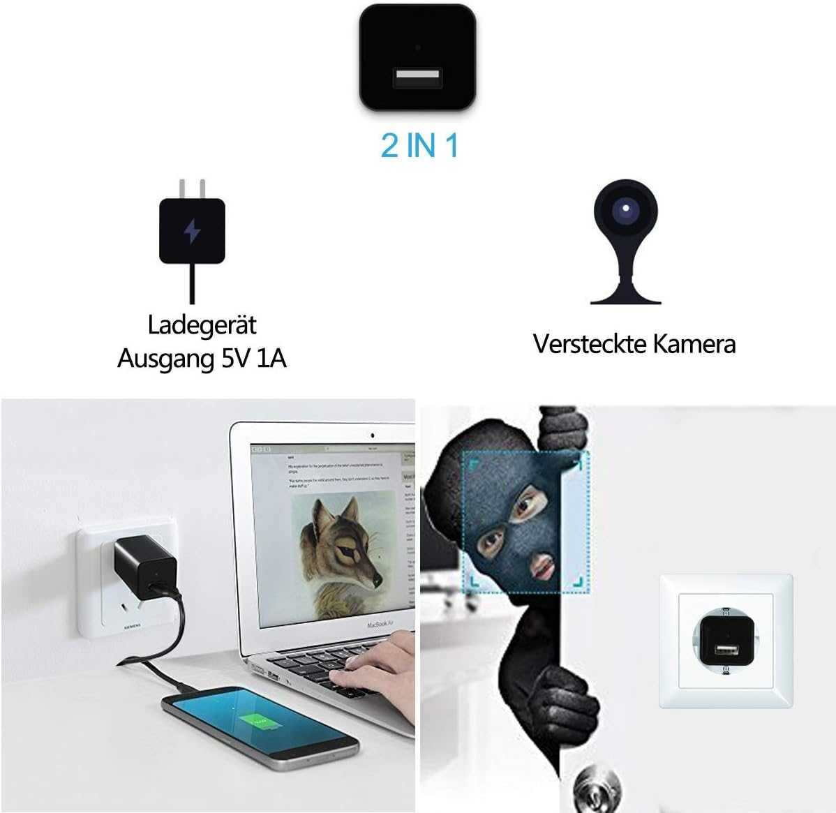Jiyibidi 1080P mini kamera do monitoringu, niania, ładowarka USB