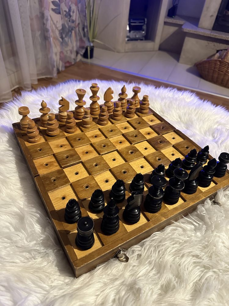 Drewniane szachy dla niewidomych kompletne kolekcjonerskie vintage