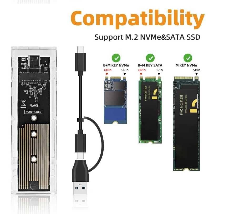 Карман M2 SSD Case Enclosure Dual Protocol M.2 SATA NVME to USB Adapte