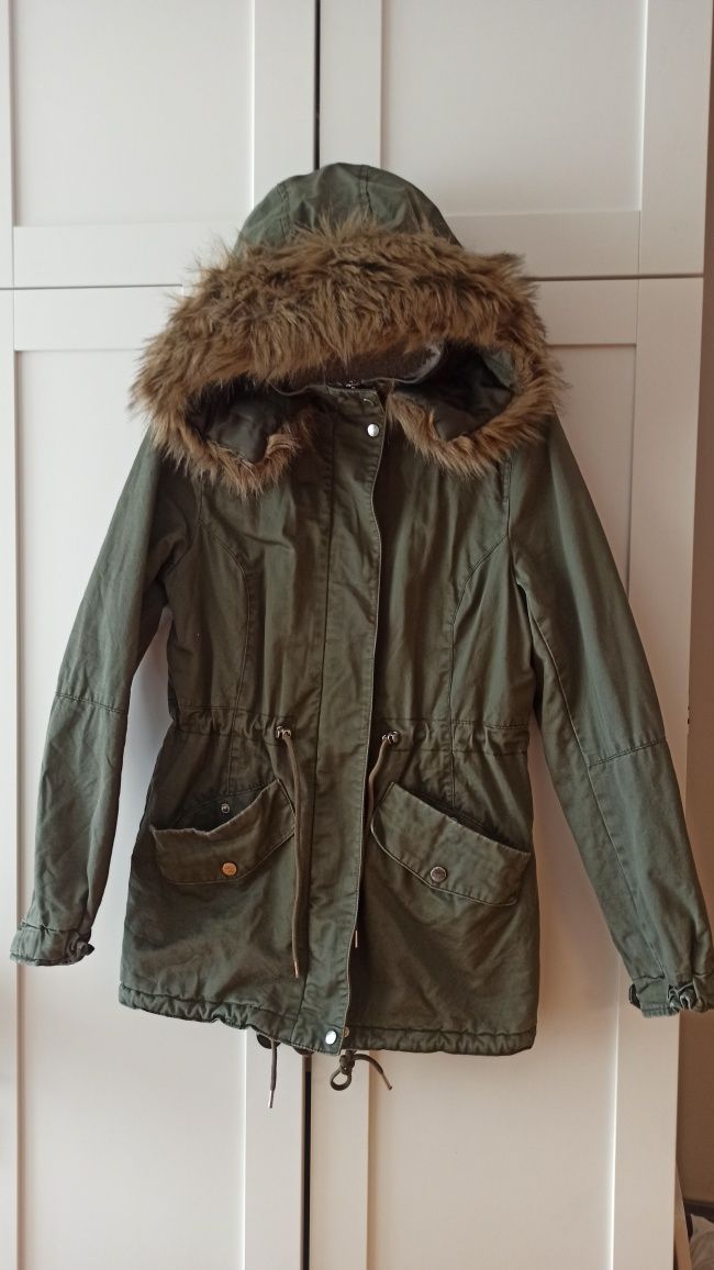 H&M parka zielona kurtka 10 lat 34 jesień futro