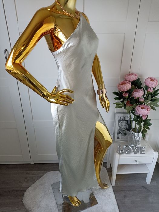 Asos Designg szara klasyczna sukienka satynowa na jedno ramię R.42