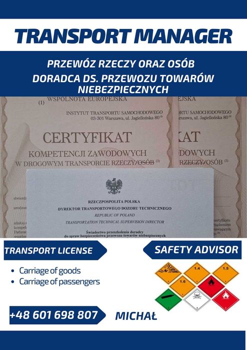 Doradca ADR (DGSA) CKZ Przewóz Rzeczy Osób