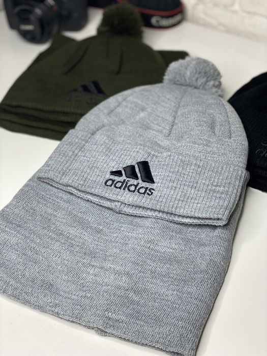Мужская ШАПКА+БАФ ADIDAS з помпоном на флисе Зимний комплект утепленны