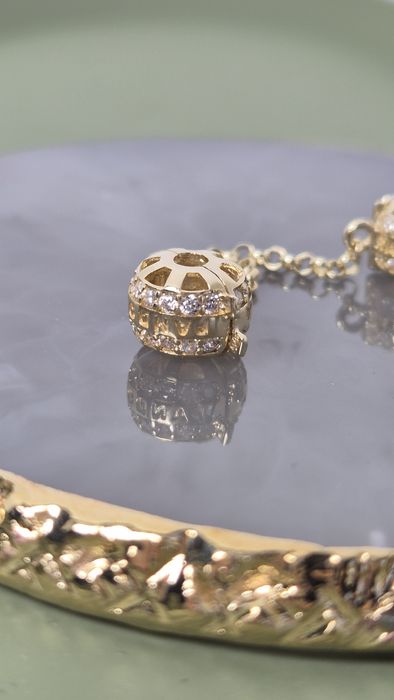 Nowy złoty łańcuszek zabezpieczający typu Pandora białe cyrkonie 585