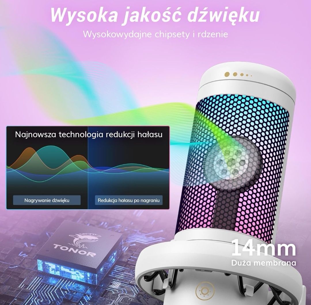 Mikrofon USB do gier TONOR TC310+ z regulowanymi trybami RGB i jasnośc