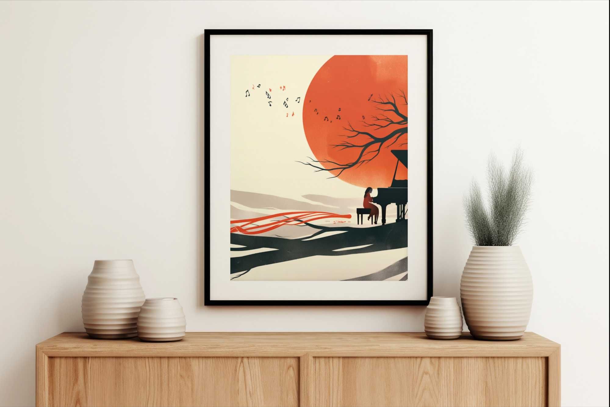 Plakat 50x50cm Pianistka | Zachód Słońca Fortepian Muzyka Vintage