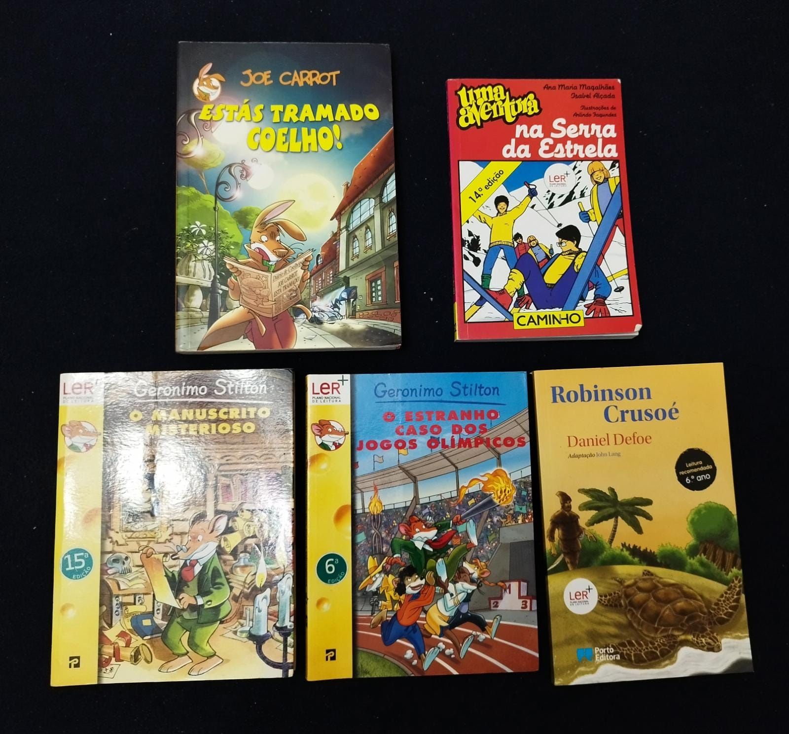 5 livros, Joe Carrot, Uma Aventura, Geronimo Stilton, Robinson Crusoé