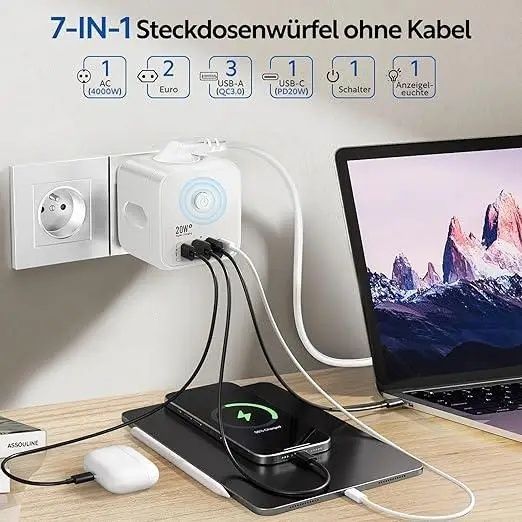 Багатопортова розетка 7-в-1 USB Socket NI2023EU (трійник-куб із вимика