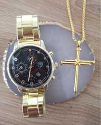 Zestaw na prezent zegarek męski złoty i naszyjnik z krzyżem