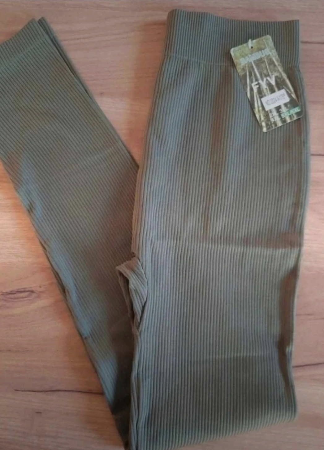 Nowe Leginsy 5/6 XL 50 52 oliwkowe  jasnozielone prążkowane bambus prą
