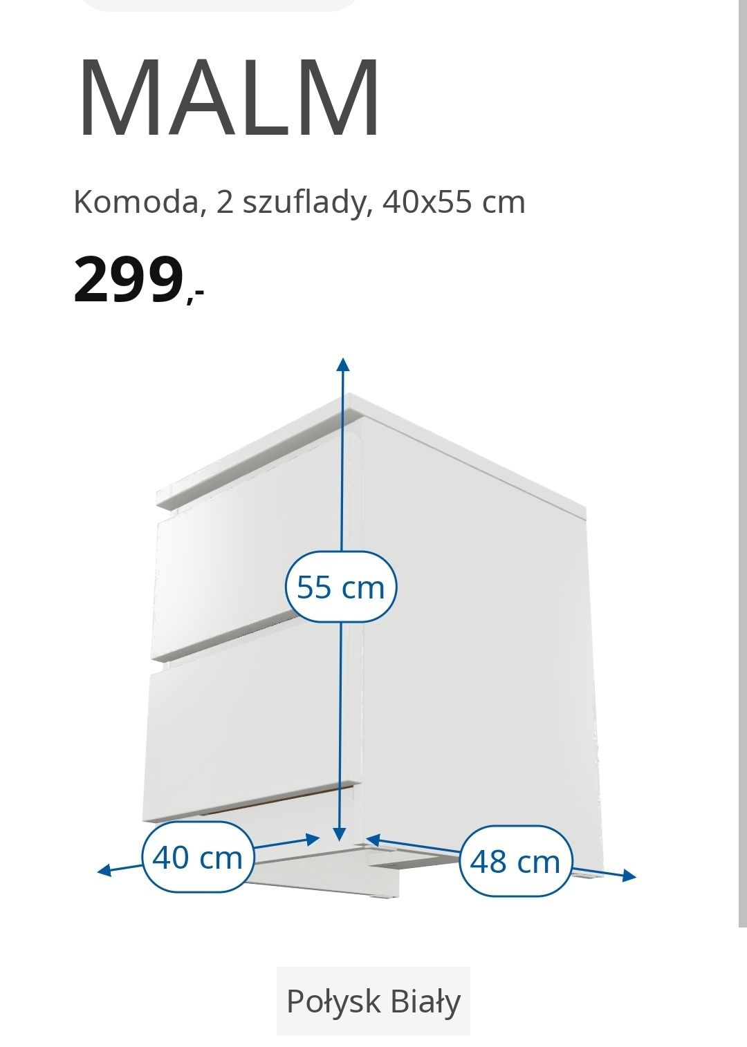 MALM komoda szafka nocna biały połysk 
Komoda, 2 szuflady, biały, 40x5