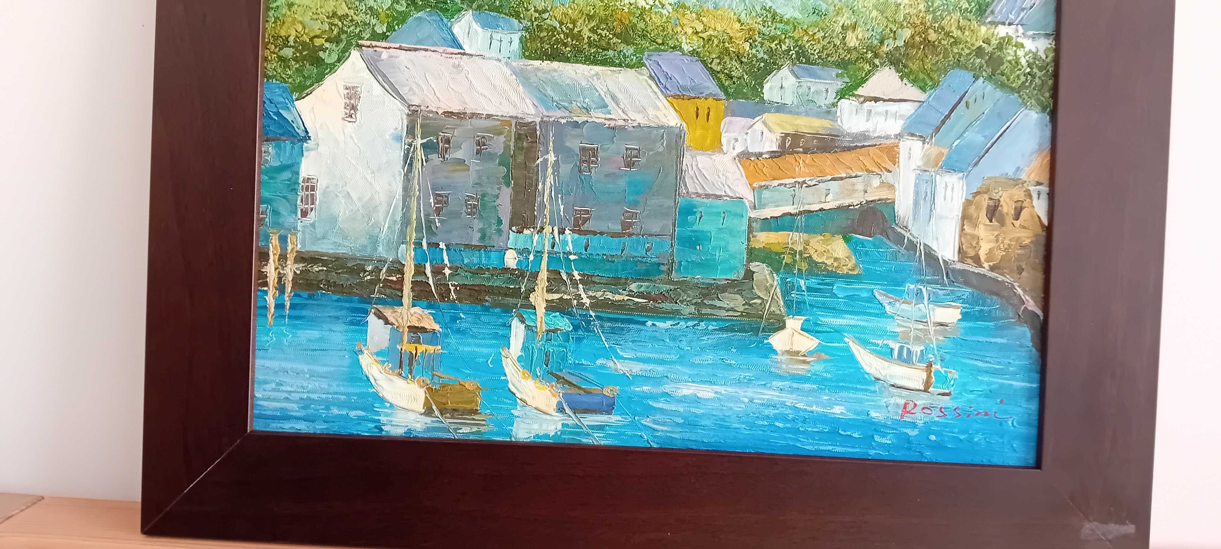 Pintura a óleo do sec.XX Cornish Harbour assinada Rossini