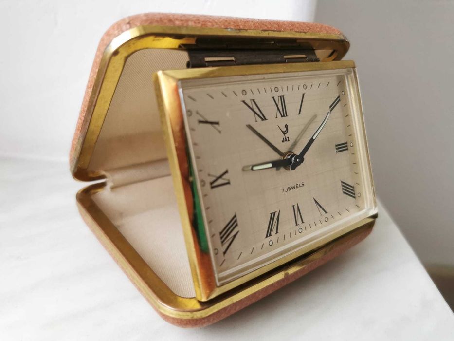 Elegancki zegarek podróżny JAZ – mechaniczny 7 jewels vintage, sprawny