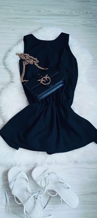 Piękny 100%len dobra metka  czarny zwiewny kombinezon sukienka spódnic