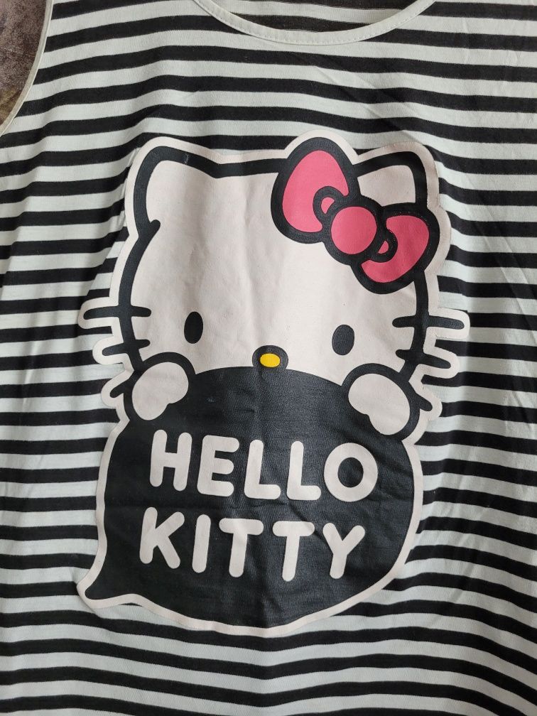 Bawełniana bluzka bezrękawnik piżama Hello Kitty czarny biały paski 44
