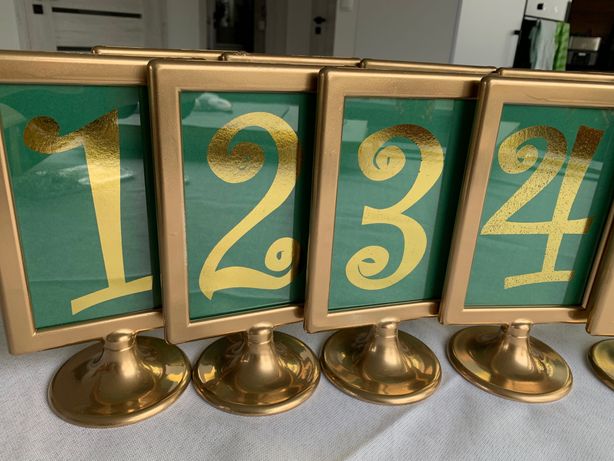 Złote numery stołów 1-12, złota ramka, dwustronne, butelkowa zieleń