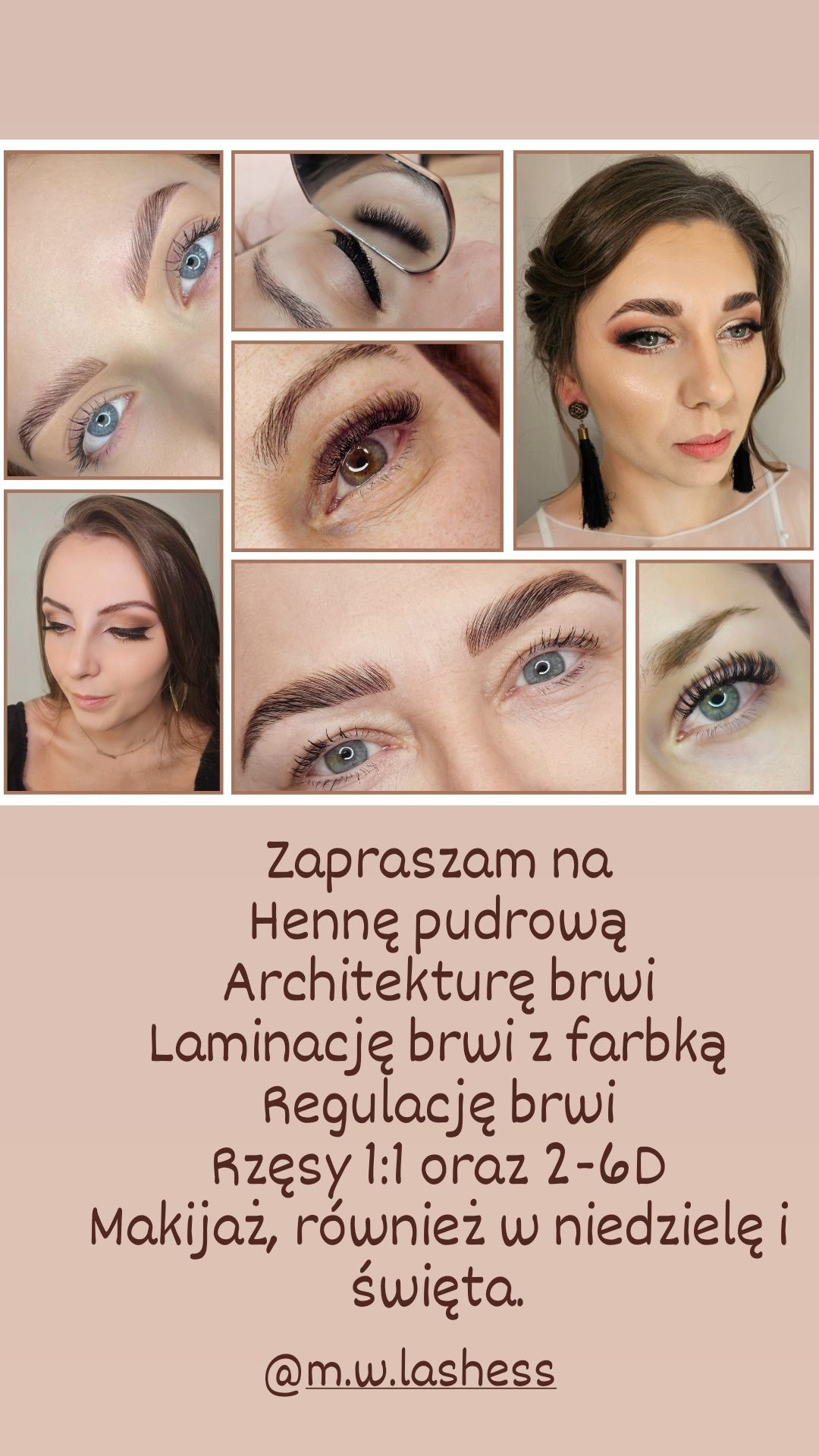 Rzęsy 1:1, 2:1, 3:1 makijaż henna pudrowa laminacja brwi