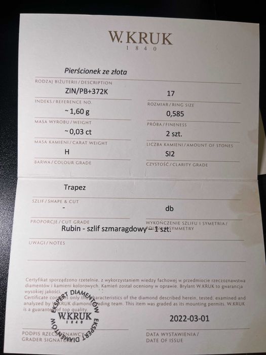 Elegancki Złoty Pierścionek z Rubinem i diamentami W.KRUK